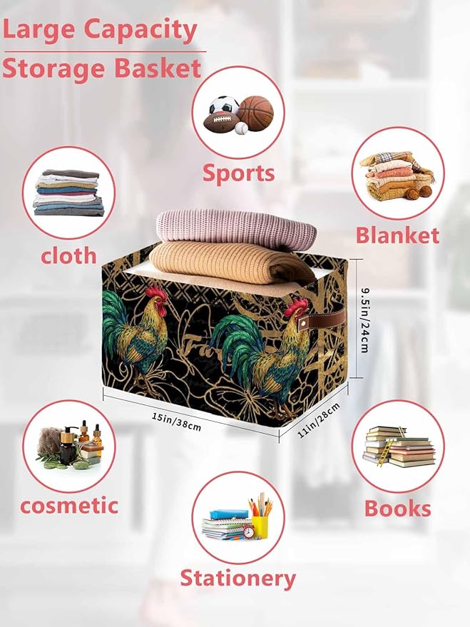 Vintage Rooster Storage Bins Cubes Waterproof Cloth Storage Basket, Farmhouse Elegant Retro Animals Foldable Storage Bags for Shelf Closet Clothes Storages Organizers with Handles 15x11x9.5 in 1PCS