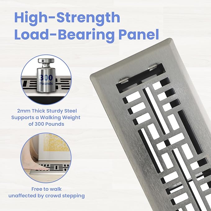 Howeall 2x10 Inches 2 Pack Heavy Duty Walkable Floor Register Easy Adjust Air Supply Lever Floor Vents - Seattle Design - Vent Cover for Home Floor - Satin Nickel