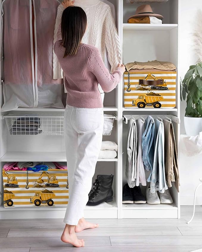 Yellow Truck Storage Bins Cubes Waterproof Cloth Storage Basket, Cartoon Striped Farmhouse Modern Art Foldable Storage Bags for Shelf Closet Clothes Organizers with Handles 15x11x9.5 in 2PCS
