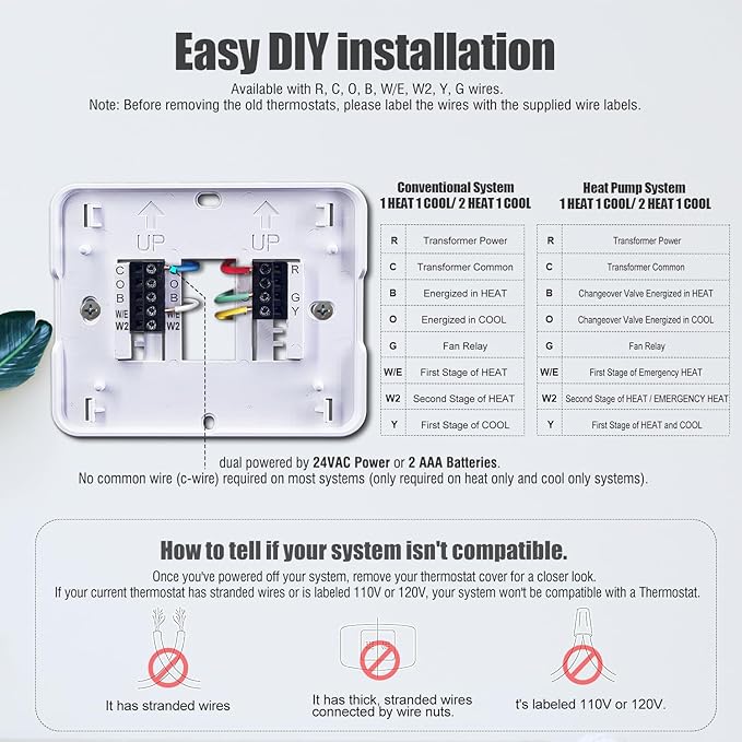 Aowel 2 Heat/ 1 Cool Non-Programmable Thermostat for Home Heat Pump System and Conventional Single-Stage System, with Room Temperature & Humidity Monitor (White Backlit Screen)