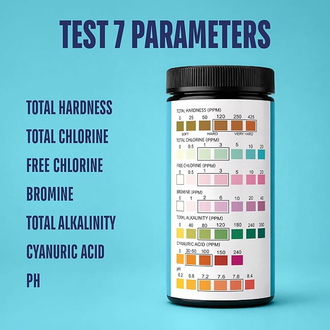 JNW 7-in-1 Pool Test Strips, 150 Quick & Accurate Test Strips for Pool Water, Spa Test Strips for Hot Tub, Chlorine Test Strips, Bromine, pH, Alkalinity, Hardness & More - Swimming Pool Test Kit