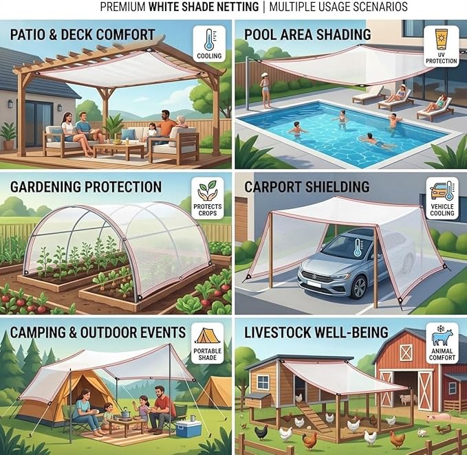 White Shade Cloth for Garden, 55% Percent Outdoor Shade Net HDPE Edge, Heavy Duty Fence Privacy Screen Cover with Grommets, Breathable Fabric Mesh Tarp, for Greenhouse Plants Patio(6x54ft)