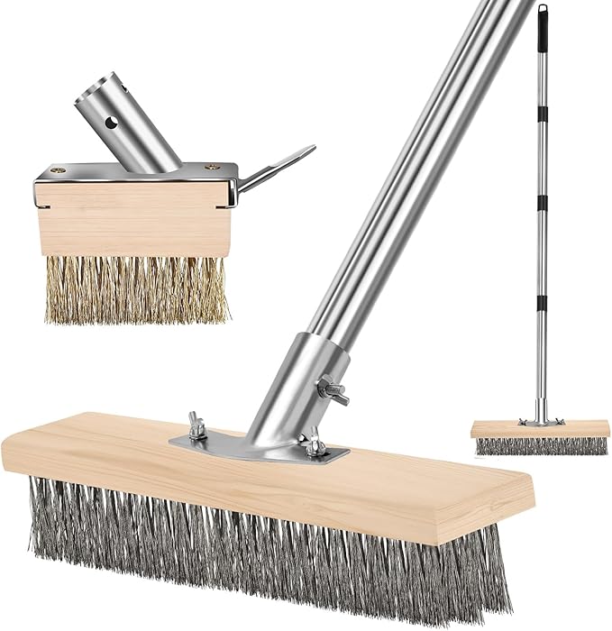 Metal Cleaning Brush, Moss Brush for Rough Surface with Long Handle, Floor Concrete Scrub Stiff Bristle, a Crack Weeder for Moss, Tough Stains on Concrete Grout Garden Garage Patio Pool