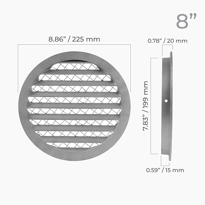 8 Inch Aluminum Soffit Vent Cover - Round Industrial Air Vent Louver for Wall, House, Garage - Wire Screen Mesh Crawlspace Louver Grille - Register Exhaust, Intake Gable Grill