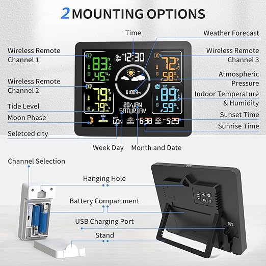 Weather Stations Wireless Indoor Outdoor Thermometer with Multiple Sensors, 7.5" VA Display Weather Forecast Station with Atomic Clock, Temperature, Humidity and Adjustable Backlight for Home