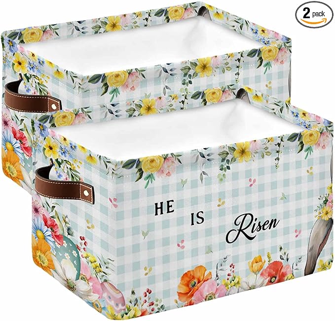 Easter Plaid Storage Bins Cubes Waterproof Cloth Storage Basket,Spring Watercolor Bunny Flower Teal Checkered Foldable Storage Bags for Shelf Clothes Storages Organizers with Handles 15x11x9.5 in 2PCS