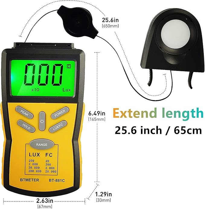 BTMETER Digital Illuminance Light Meter BT-881C,Lumen/FC Photometer,Luxmeter Sensor Measure 0.1~200000 Lux (0.01~20000FC) Lights,Bright Tester for Photography, Plant, Foot Candle