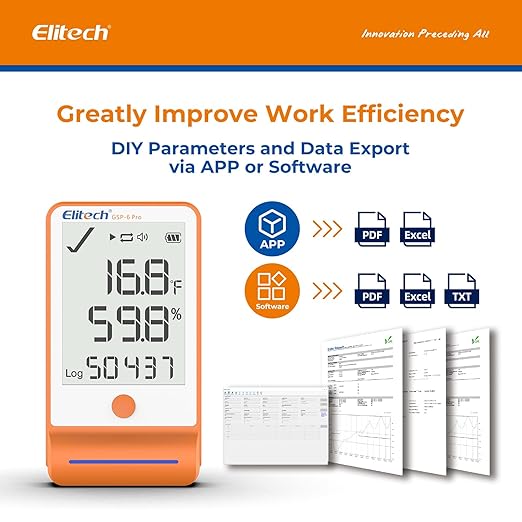 Elitech 50Pack Bluetooth Thermometer Data Logger Temperature for Refrigerator with Shadow Data 100000 Point Export PDF/CSV Report, Pharmacy Vaccine DDL Certificate, MAX MIN with Dual Probe GSP-6G-TDE