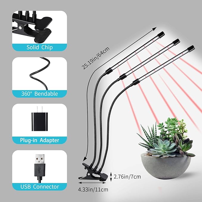 Black Grow Lights for Indoor Plants, 126LEDs Clip Plant Lights, Full Spectrum LED Plant Growing Lamps with Flexible Gooseneck, 4/8/12/18H Timer, 3 Spectral Modes, 10 Dimmable Levels, 3 Head 1 Pack