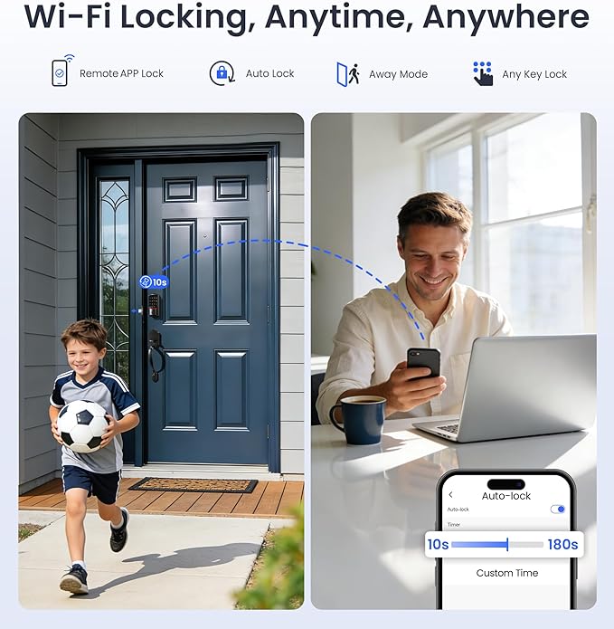 Veise VE027 Built-in Wi-Fi Smart Lock, Fingerprint Keyless Entry Front Door Lock, App Remote & Voice Control, No Hub Needed, Touchscreen Keypad Deadbolt, IP65 Waterproof, BHMA Grade 3, Matte Black