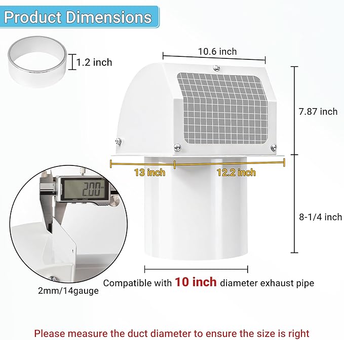 Neoaider 10 Inch Hooded Wall Vent Cover with Screen and Damper, 14GA/2MM Thick Heavy-Duty Steel Vent Covers for Wall, Vent Cover for Dryer Ventilation and Outdoor Air Exhaust, White
