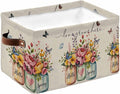 Farmhouse Flowers Storage Bins Cubes Waterproof Cloth Storage Basket,Spring Watercolor Floral Leaf on Linen Foldable Storage Bags for Shelf Clothes Storages Organizers with Handles 15x11x9.5 in 1PCS