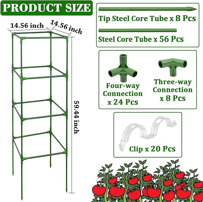 ZeeDix 2 Pack Heavy Duty Tomato Cages for Garden 60 Inches, Square Adjustable Tomato Trellis Cage Climbing Plant Support Trellis Plant Cages for Climbing Vegetables Flowers with 20Pcs Clips