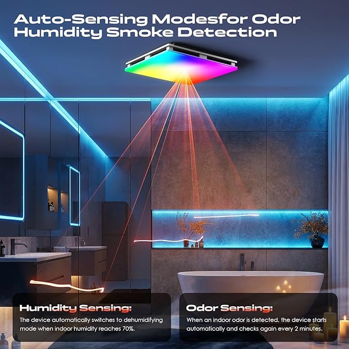 BSEED Wifi Smart Bathroom Exhaust Fan with Light, Bluetooth Speaker & Humidity Sensor, 230 CFM 1.5 Sone, 7 RGB Modes & 3CCT Adjustable Light & Nightlight, Music Sync, App/Remote Control, Easy Install