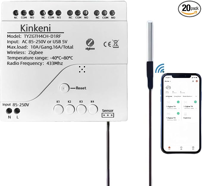 Easy Operation,Zigbee WiFi Temperature Switch ,with Waterproof Temperature Sensor Probe ,Remote Monitoring,Tuya App Remote 4 Channel 10A Clean Contact Relay Switch(tuya zigbee hub Needed)