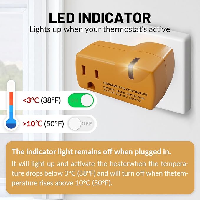 MAXKOSKO 2 PCS Freeze Thermostatically Controlled Outlet，Automatically Turn On Below 38 °F and Off Over 50 °F