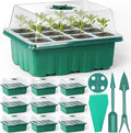 Sfee 10 Pack Seed Starter Tray Kit, 120 Cells Seedling Starter Trays with Humidity Dome and Base Greenhouse Growing Trays, Reusable Seed Germination Seedling Tray with Garden Tools Labels (Green)