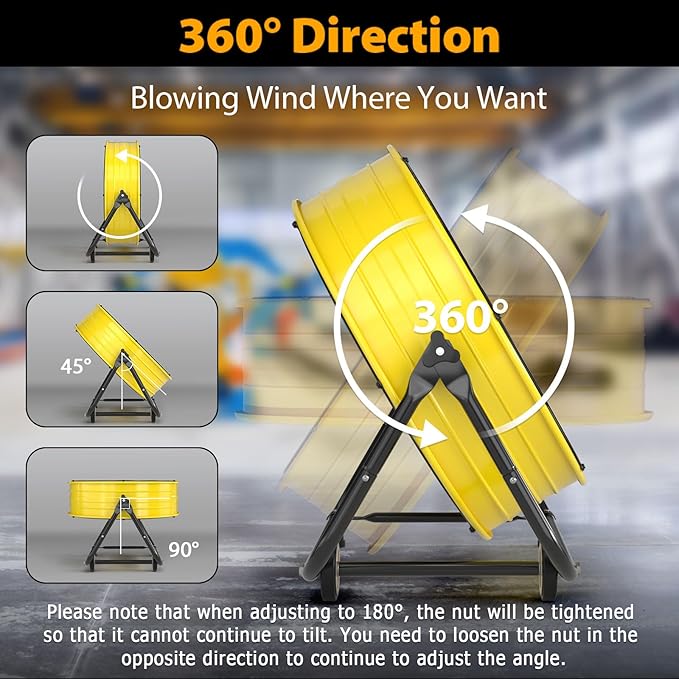 LifePlus 30" Industrial Drum Fan, 14000 CFM High Velocity 3-Speed Heavy Duty Metal Air Circulator with 360° Tilt, Casters Handle for Warehouse Factory workshops Patios Garage, Yellow