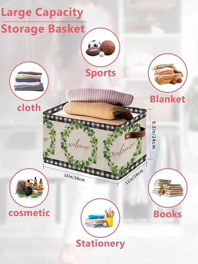 Spring Eucalyptus Leaves Storage Bins Cubes Waterproof Cloth Storage Basket,Farmhouse Botanical Burlap Paid Foldable Storage Bags for Shelf Clothes Storages Organizers with Handles 15x11x9.5 in 1PCS