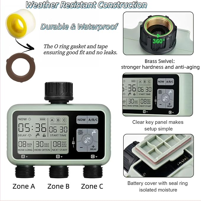 3 Outlet Sprinkler Timer Brass, Programmable Garden Hose Timer with Rain Delay, Manual& Automatic Watering System, Waterproof Digital Irrigation Controller Watering Evenly for 3 Separate Water Zones