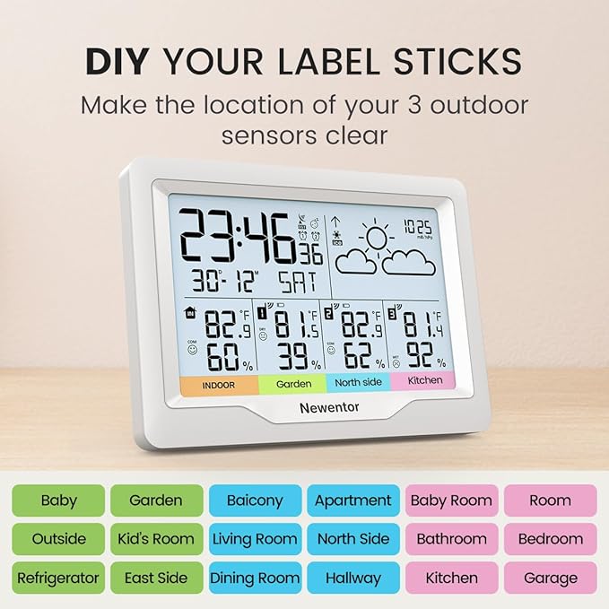 Newentor Weather Stations Wireless Indoor Outdoor Multiple Sensors, Indoor Outdoor Thermometer with Atomic Weather Clock Battery Powered, Temperature Humidity Monitor and Barometer for Home, White