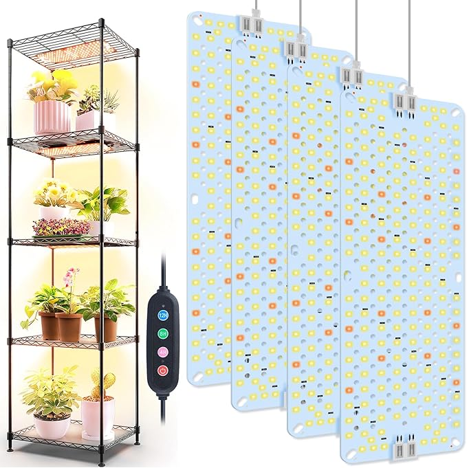 4Panel Grow Lights for Indoor Plants, Seed Starting, Veg, Pot Plants, Bonsai with Timer 4/8/12/16/20H, Ultra-Thin Under Cabinet & Shelf Full Spectrum LED Plant Growing Lamps, Multi-Panels Free Connect