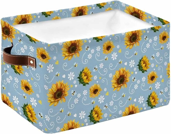 Blue Yellow Sunflower Storage Bins Cubes Waterproof Cloth Storage Basket,Summer Botanical Farmhouse Floral Foldable Storage Bags for Shelf Clothes Storages Organizers with Handles 15x11x9.5 in 1PCS