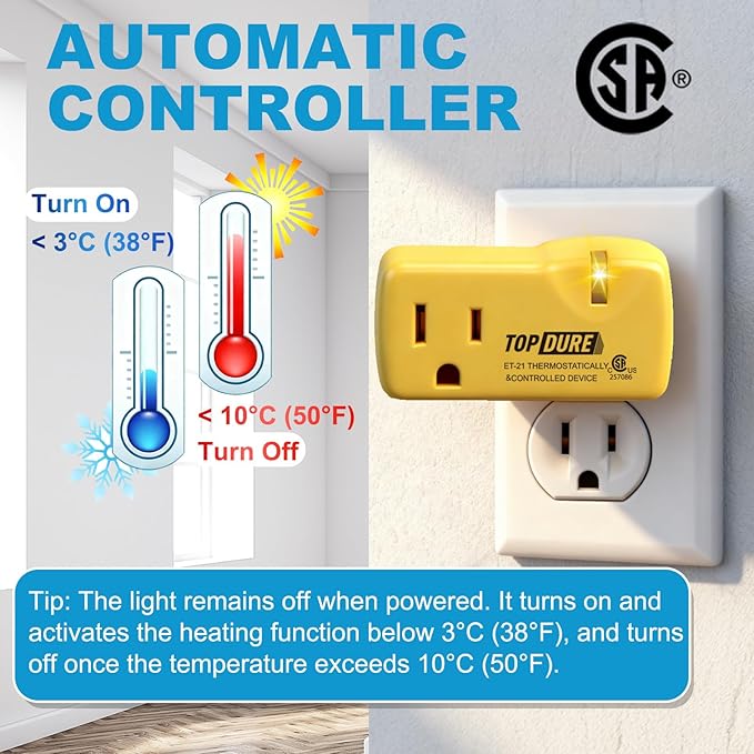 Temperature Controller Outlet for Heating Tapes and Pipes, Automatic Thermostat Plug with 38°F On / 50°F Off, Freeze Protection Outlet for Outdoors, 4pcs
