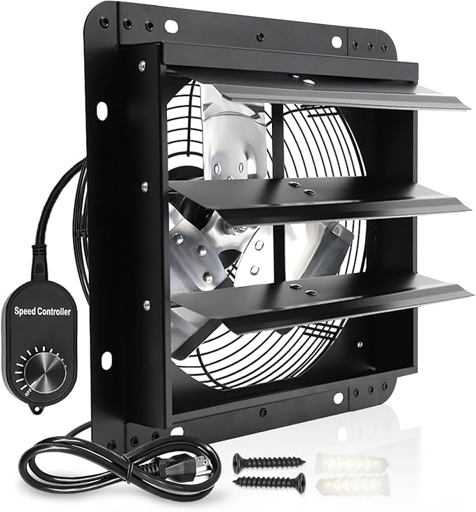 Shutter Exhaust Fan, 12 in Wall Mount Ventilation w/Speed Controller Attic Vent Fan for Chicken Coops, Greenhouse, Gable, Barn, Garage, Shed Ventilator 970 CFM 1700RPM