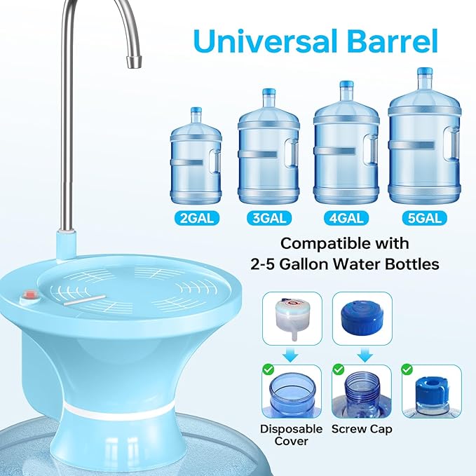 Water Dispenser for 2-5 Gallon Bottle, Electric Drinking Water Bottle Pump, Automatic Water Jug Pump Dispenser, USB Rechargeable and 2 Switch Control for Home, Office, Camping