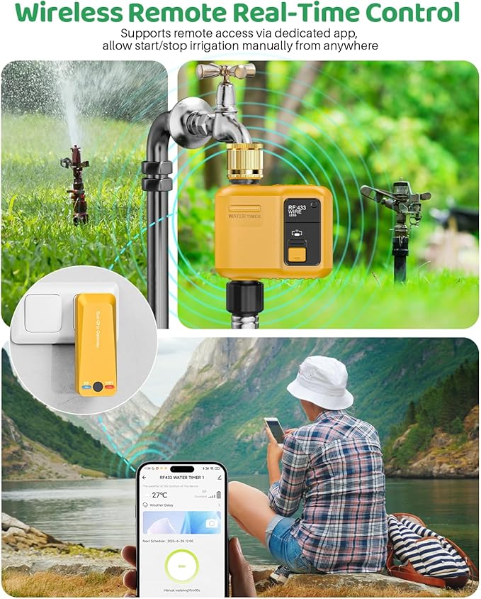 WiFi Water Timer 1 Zone for Garden Hose, 2 Pc Smart Sprinkler Timer with 984ft RF Range, Smart Lawn Watering System Irrigation Controller, APP/Voice Control, Rain Delay, Automatic/Manual Irrigation