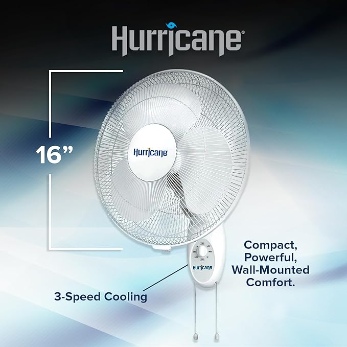 Hurricane 16" Supreme Oscillating Wall Mount Fan w/ 3 Quiet Speeds, White - Corded Electric Air Cooling Unit w/ Easy Pull Cord Controls for Homes, Greenhouses, Garages, Workshops & Gyms