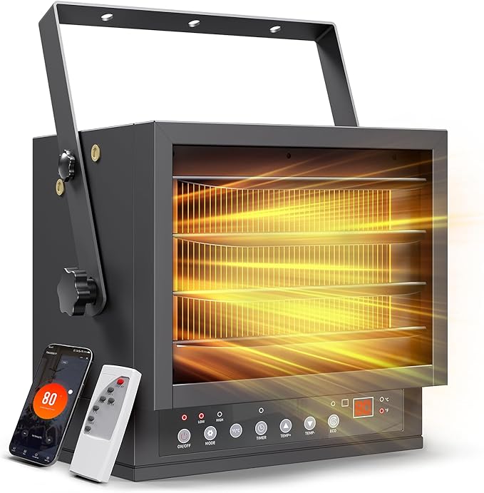 7500W Electric Garage Heater with WIFI & Remote, 240V Hardwired Ceiling Mount Shop Heater, Garage Space Heaters with ECO Mode, 12H Timer, Thermostat, Overheat Protection, for Garage Workshop Warehouse