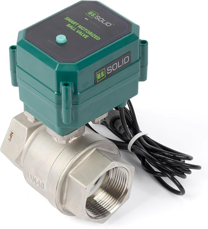 U.S. Solid 1-1/2" Smart Motorized Ball Valve - Remote App Mobile Control NSF Certified 304SS Electrical Ball Valve with Manual Switch, 5V DC USB Connection
