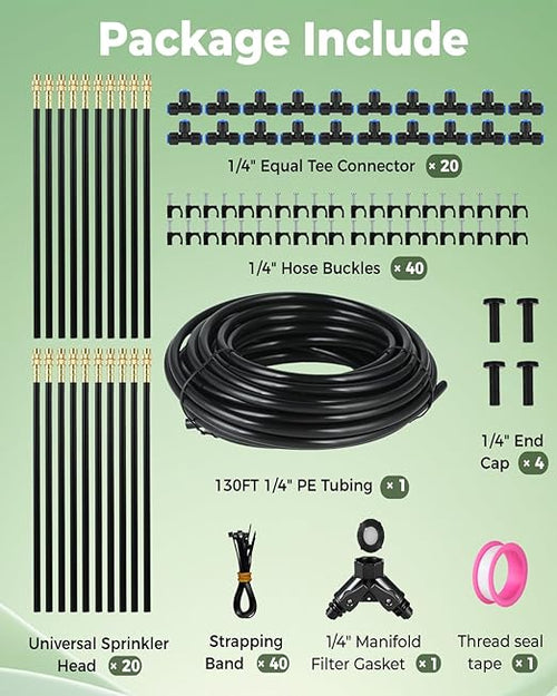 130FT Drip Irrigation System for Garden: 20 Nozzles 1/4" PE Tubing Automatic Watering Kit Adjustable Misting Sprinkler Mister Hose for Water Plants Tape Raised Beds Lawn Outdoor Yard Greenhouse