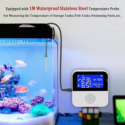 WiFi Temperature Humidity Monitor: Digital Thermometer Hygrometer with Brightness Sensor, Backlit Screen, Buzzer Alarm & App Alerts, Smart Temperature Humidity Sensor Compatible with Alexa