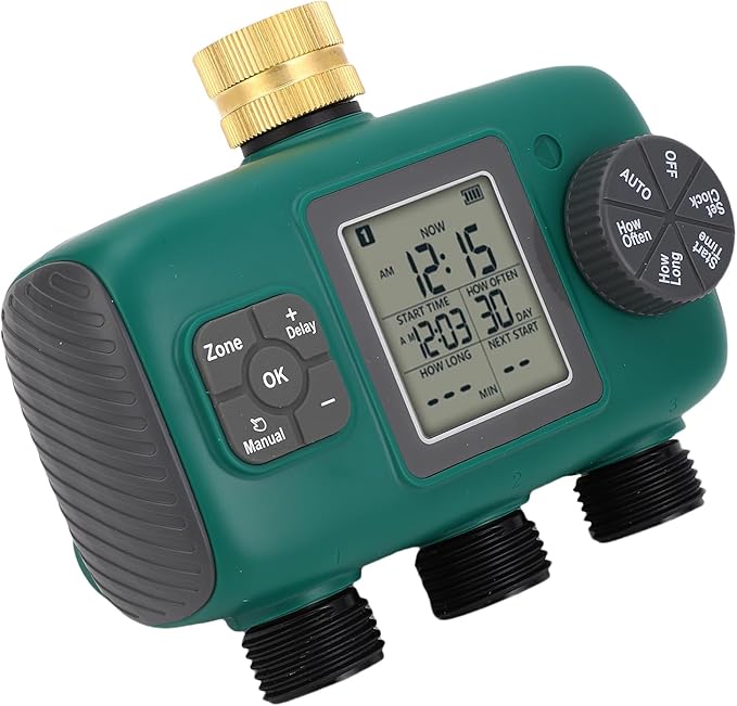 3 Outlet Sprinkler Timer with Brass Ports, Water Proof, NH4 / 3in Male Thread, LCD Display - Efficient Irrigation Controller, Adjustable Watering Schedules, Ideal for Outdoor Gar