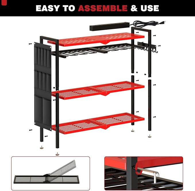 NattyDot Large Power Tool Organizer Cart with Charging Station 8 Drill Holder Garage Storage Standing Heavy Duty and Stability Storage Rack Utility Tool Shelf (Red)