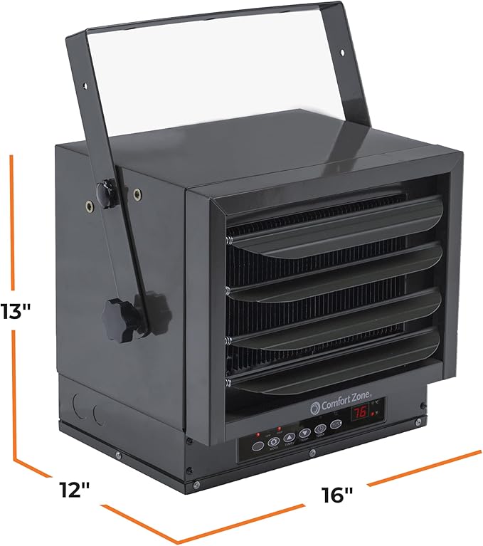 Comfort Zone Hard-Wired Ceiling Mount Garage Space Heater with Remote, 7,500 Watt, 240 Volt, Fan-Forced, Overheat Protection, Digital Thermostat, 12-Hour Timer, Ideal for Garage & Workshop, CZ230ERBK