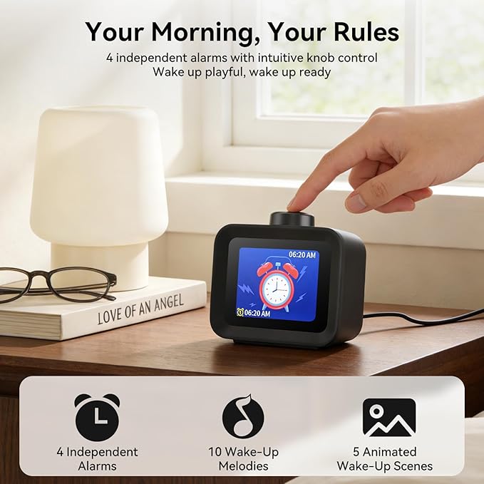 Dekala AuraDot 7-Day Programmable Alarm Clock for Bedroom, 4 Independent Max 98db Loud Alarm for Heavy Sleepers, Temperature Humidity Monitor, 30 Non-Loop Soothing White Noise Sound Machine, Black