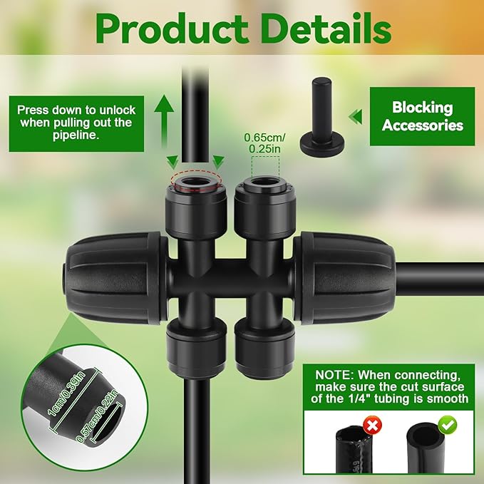 Kalolary 8PCS 5/16'' to 1/4'' Drip Irrigation Fittings, Push-to-Connect 6 Way Drip Irrigation Part Barbed Tee Connectors with 6PCS Plugs, Anti-Leak Locked Splitter Fitting for 5/16" Irrigation Tubing