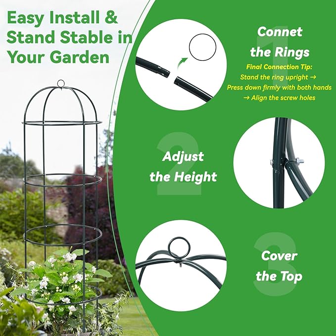 Large Trellis, Garden Obelisk Trellis for Climbing Plants Outdoor, 55" Metal Trellises for Tomato Cucumber Clematis Rose Vine Support, Heavy Duty Round Cage Stand for Grow Bag Raised Bed Yard, 2 Pack