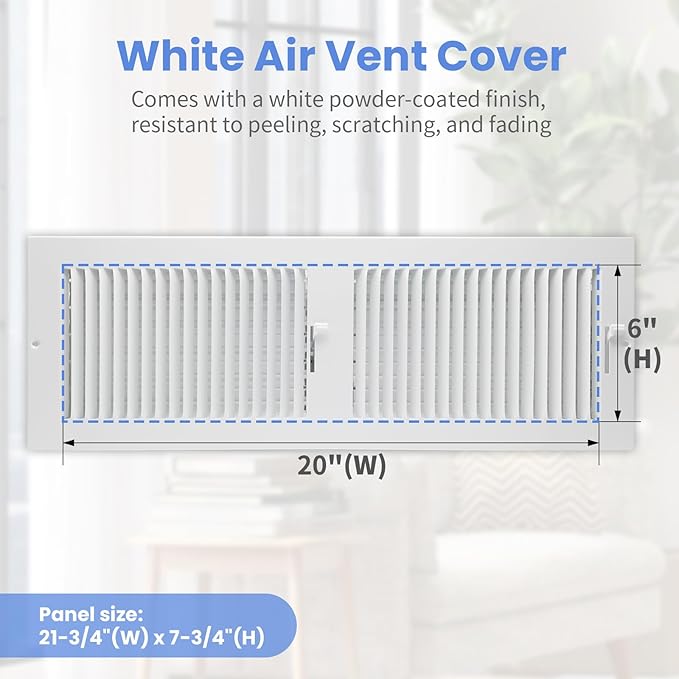 20 x 6 Inch [Duct Opening] Air Vent Covers for Wall or Ceiling - High Airflow 2 Way Steel Ventilation - Adjustable Wall/Ceiling Register, 21-3/4 Inch x 7-3/4 Inch [Overall Dimensions]