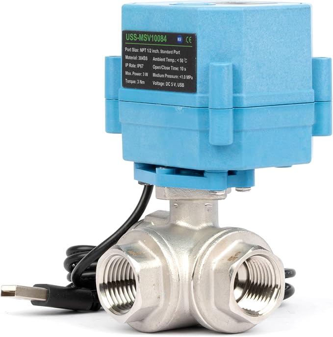 U.S. Solid WiFi Smart Motorized Ball Valve 1/2 inch NPT for Water Control & Irrigation, 3 Way 304SS Electric Valve, USB Plug, LED Indicator, Flow Direction Window, Remote On/Off Control, NSF Certified
