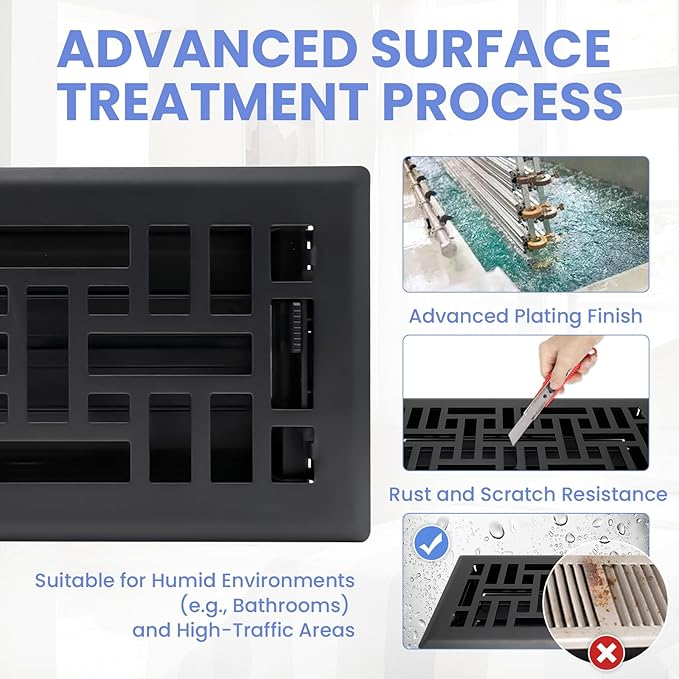 Howeall 4x12 Inches 4 Pack Heavy Duty Walkable Floor Register - Easy Adjust Air Supply Lever Decorative Floor Vent Covers, Seattle Design Vent Covers for Home - Matte Black