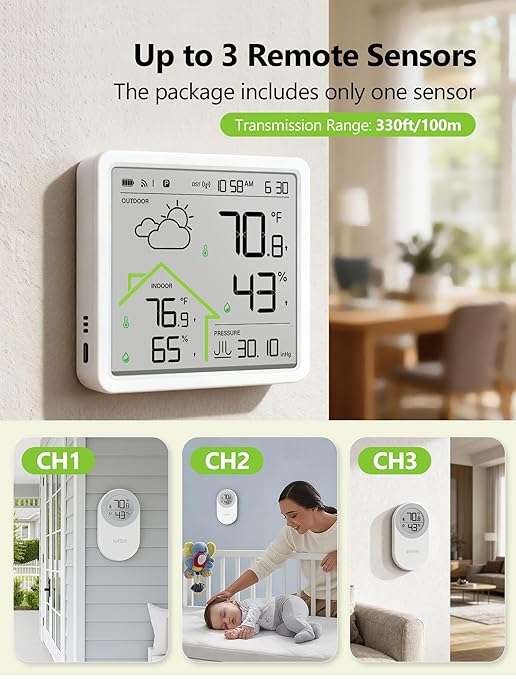 MASHI Rechargeable Weather Station Wireless Indoor Outdoor Thermometer,Atomic Clock with WWVB & 4.3" Backlit Display, Inside Outside Thermometer Wireless, 3-Channel 330ft Range, Accurate Forecast