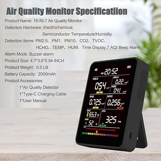 Professional Indoor Air Quality Monitor with AQI Alerts, Portable Real-Time Detector for Home, Car, Plants & Pet