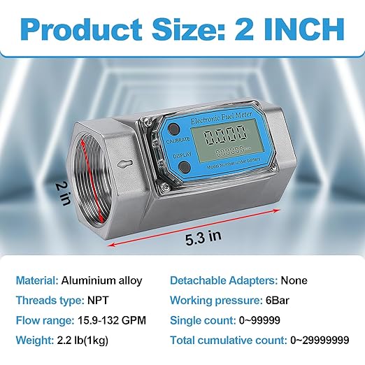2 Inch Digital Turbine Flow Meter | Fuel Flow Meter, 15.8-132 GPM, NPT Thread | for Diesel, Gasoline, Water | LCD Display Supports Gallon, QTS, PTS, L, m³