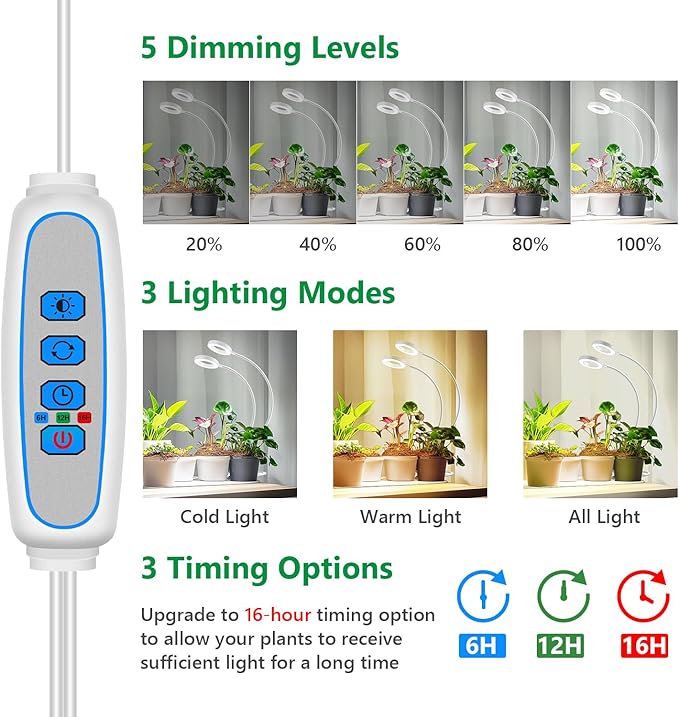 Plant Lights for Indoor Growing, 2 in 1 Halo Plant Light, 192 LEDs Full Spectrum LED Grow Lights with Clip,Plant Grow Light with 3 Light Modes,6/12/16Hrs Auto Time,5 Brightness. White 2 Pack