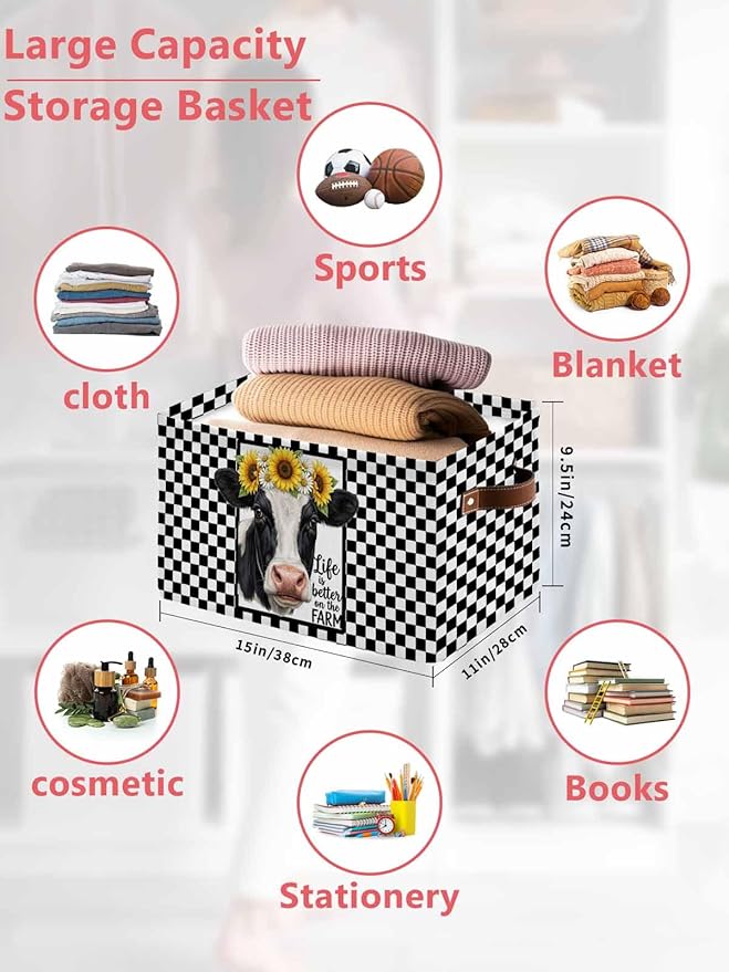 Farmhouse Cows Storage Bins Cubes Waterproof Cloth Storage Basket, Sunflower Daisy White Black Plaid Foldable Storage Bags for Shelf Closet Clothes Organizers with Handles 15x11x9.5 in 2PCS